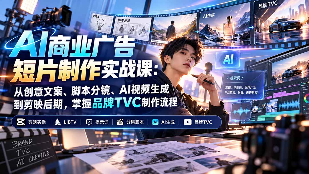AI商业广告短片制作实战课：从创意文案、脚本分镜、AI视频生成到剪映后期，掌握品牌TVC制作流程-续财库
