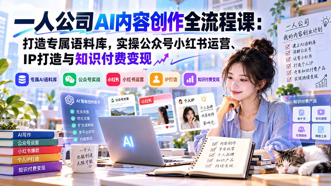 一人公司AI内容创作全流程课：打造专属语料库，实操公众号小红书运营、IP打造与知识付费变现方法论-续财库