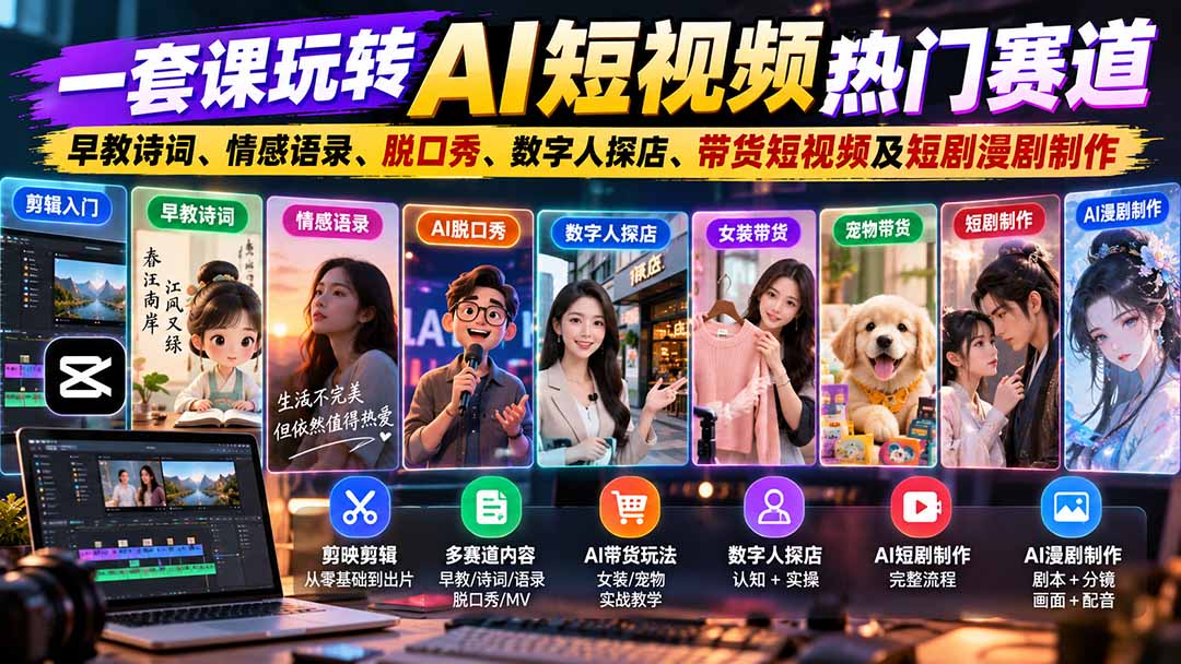 一套课玩转AI短视频热门赛道：早教诗词、情感语录、脱口秀、数字人探店、带货短视频及短剧漫剧制作  复制标题-续财库