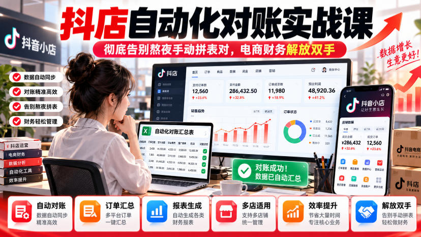 抖店自动化对账实战课，彻底告别熬夜手动拼表对，账电商财务解放双手-续财库