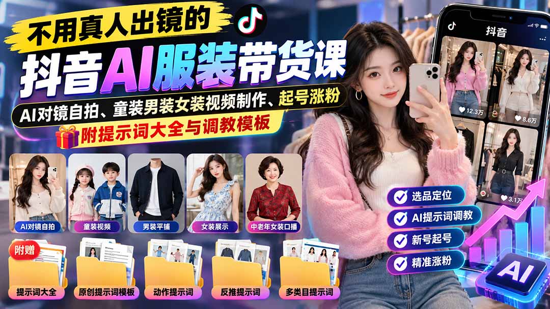 不用真人出镜的抖音AI服装带货课:AI对镜自拍、童装男装女装视频制作、起号涨粉,附提示词大全与调教模板-续财库