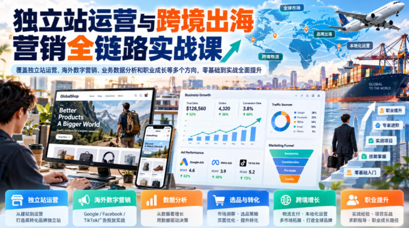 独立站运营与跨境出海营销全链路实战课，覆盖独立站运营、海外数字营销、业务数据分析和职业成长等多个方向，零基础到实战全面提升-续财库