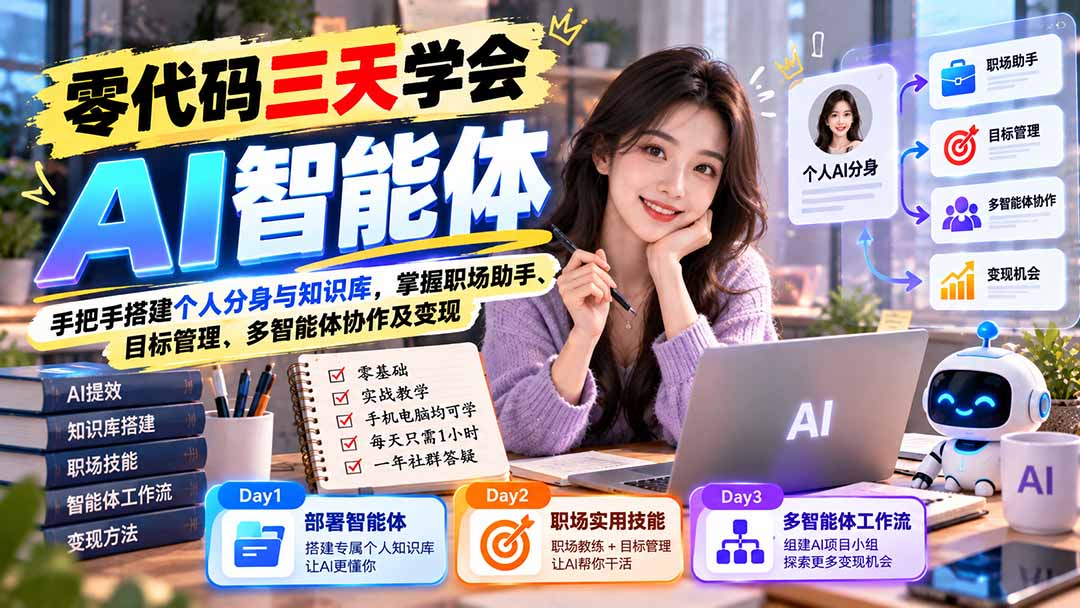 【无水印】零代码三天学会AI智能体:手把手搭建个人分身与知识库,掌握职场助手、目标管理、多智能体协作及变现-续财库