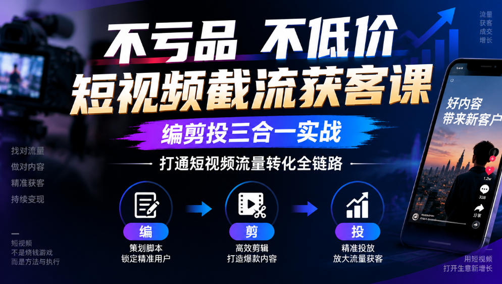 不亏品不低价短视频截流获客课，编剪投三合一实战，打通短视频流量转化全链路-续财库