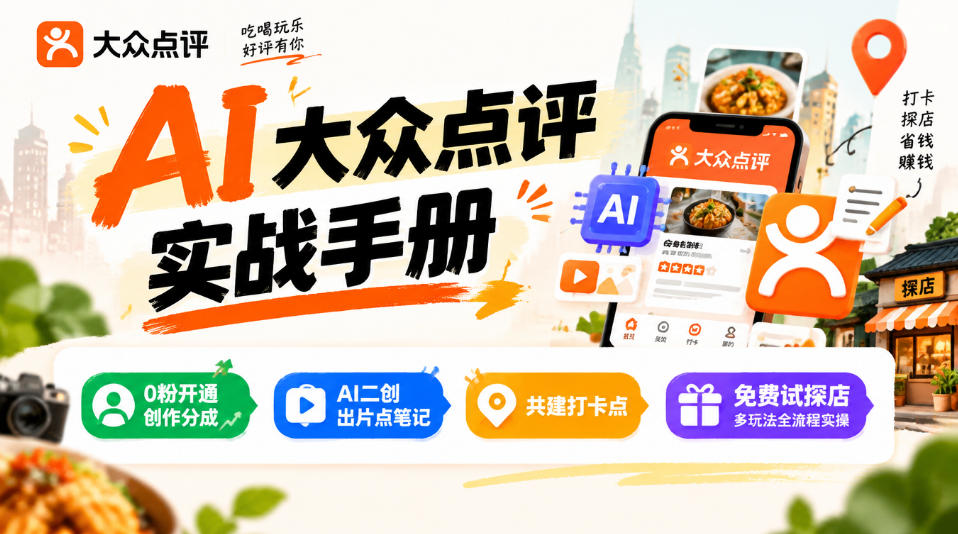 某局的AI大众点评实战手册，0粉开通创作分成、AI二创出片点笔记、共建打卡点、免费试探店多玩法全流程实操-续财库