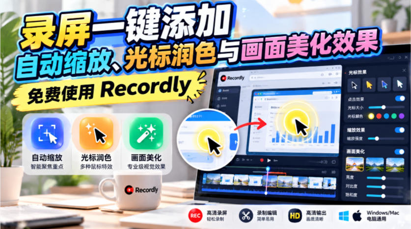 录屏一键添加自动缩放、光标润色与画面美化效果，免费使用Recordly-续财库