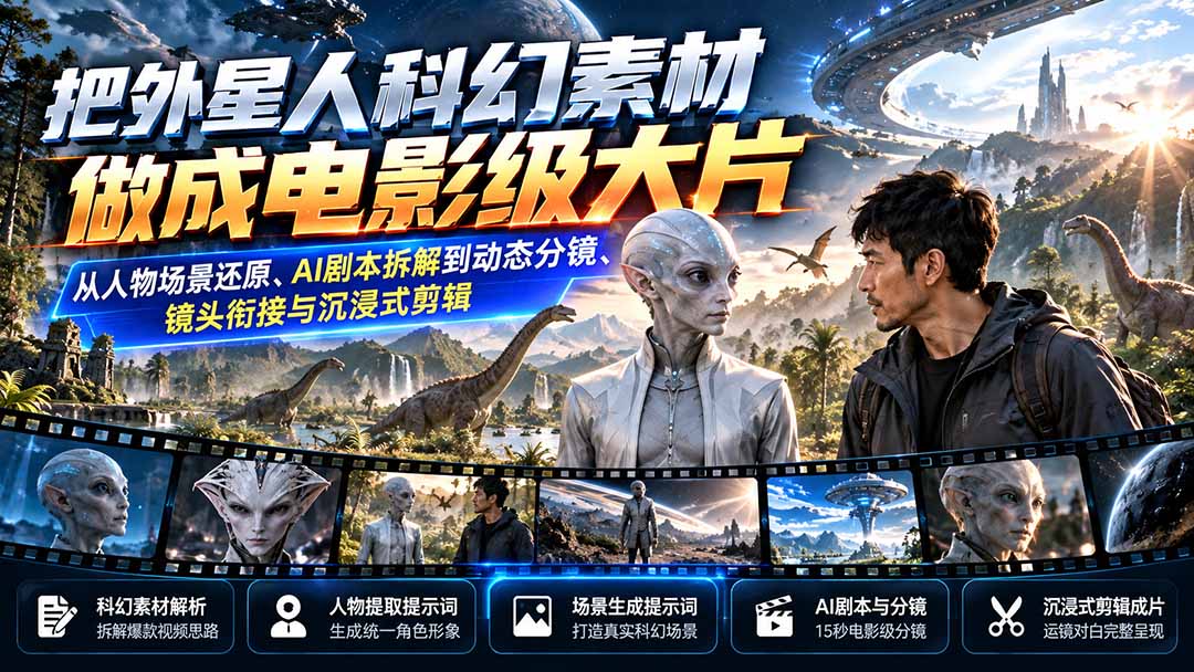 把外星人科幻素材做成电影级大片:从人物场景还原、AI剧本拆解到动态分镜、镜头衔接与沉浸式剪辑-续财库