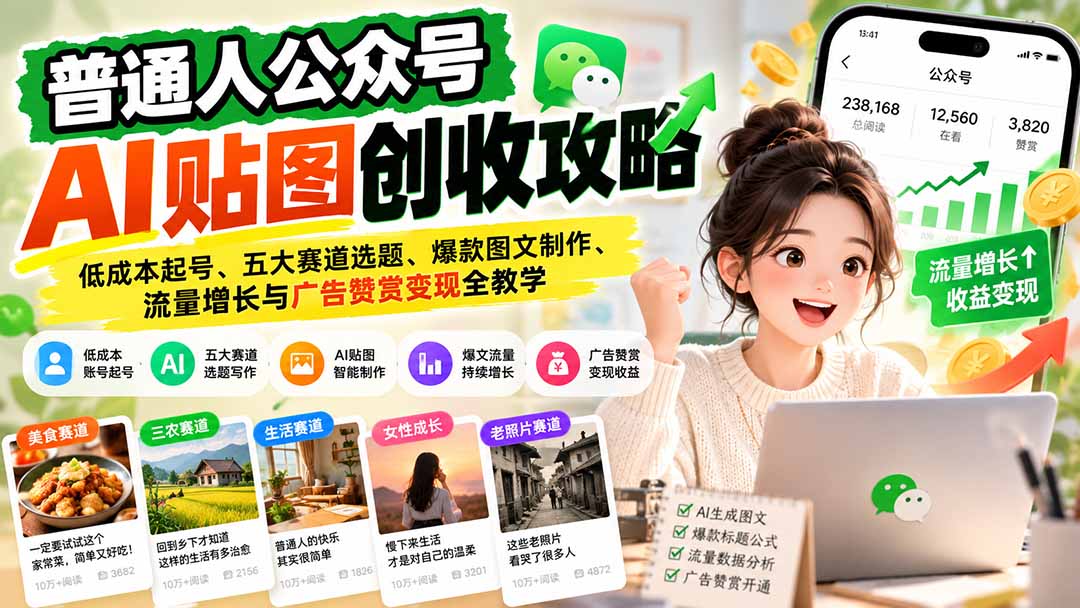 普通人公众号AI贴图创收攻略:低成本起号、五大赛道选题、爆款图文制作、流量增长与广告赞赏变现全教学-续财库