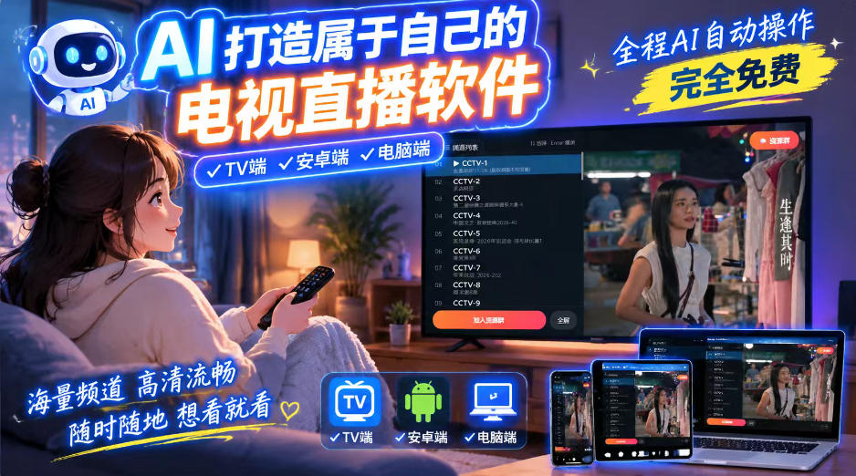 一个提示词,AI全自动做出电视直播软件,电脑、安卓、电视三端通用,完全免费,画质流畅不卡顿-续财库