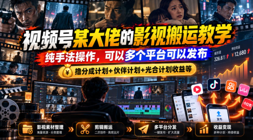 视频号某大佬的影视搬运教学，纯手法操作，可以多个平台可以发布，撸分成计划+伙伴计划+光合计划收益等-续财库
