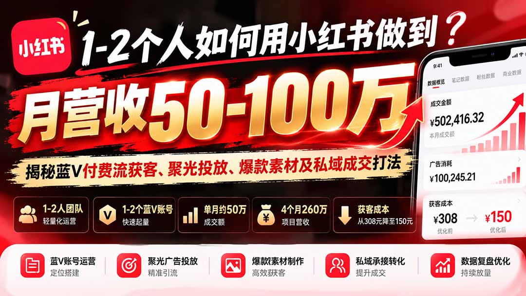 1-2个人如何用小红书做到月营收50-100万?揭秘蓝V付费流获客、聚光投放、爆款素材及私域成交打法-续财库