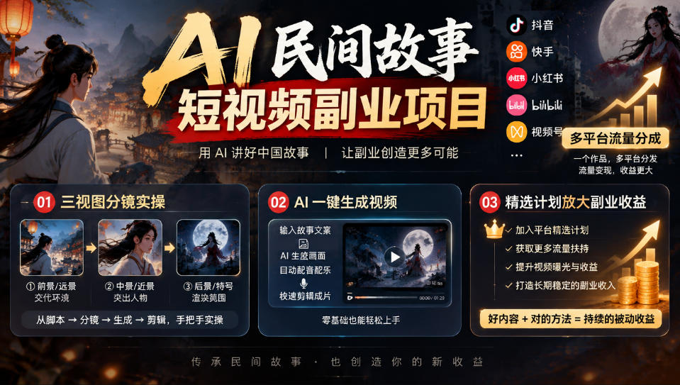 AI民间故事短视频副业项目，多平台流量分成，三视图分镜实操，精选计划放大副业收益-续财库