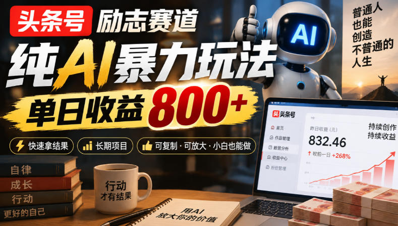 头条号励志赛道,纯AI暴力玩法,单日收益800+,快速拿结果,长期项目-续财库