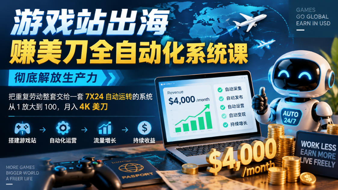 游戏站出海賺美刀全自动化系统课，彻底解放生产力--把重复劳动整套交给一套7X24自动运转的系统，从1放大到100，月入4K美刀-续财库