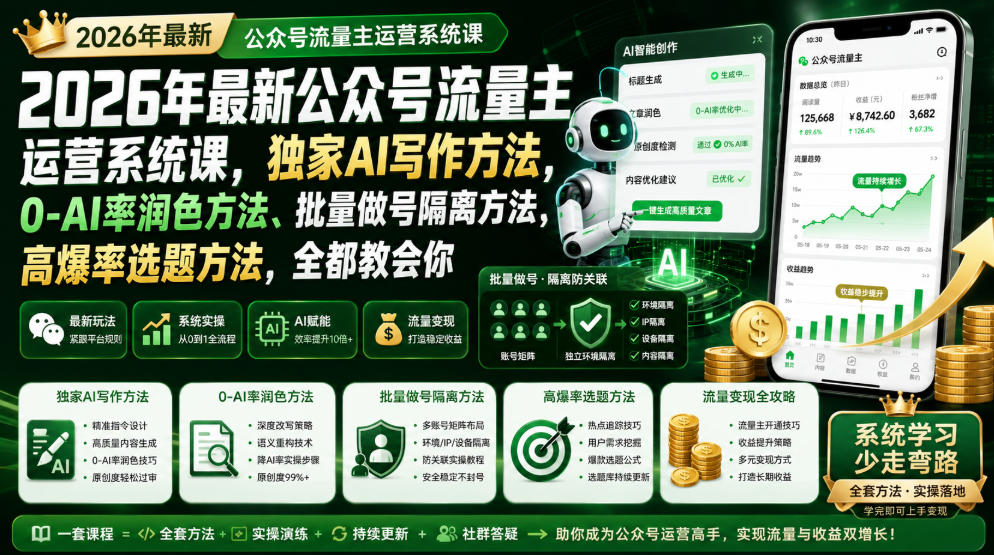 2026年最新公众号流量主运营系统课，独家AI写作方法，0-AI率润色方法、批量做号隔离方法、高爆率选题方法，全都教会你(更新1009)-续财库