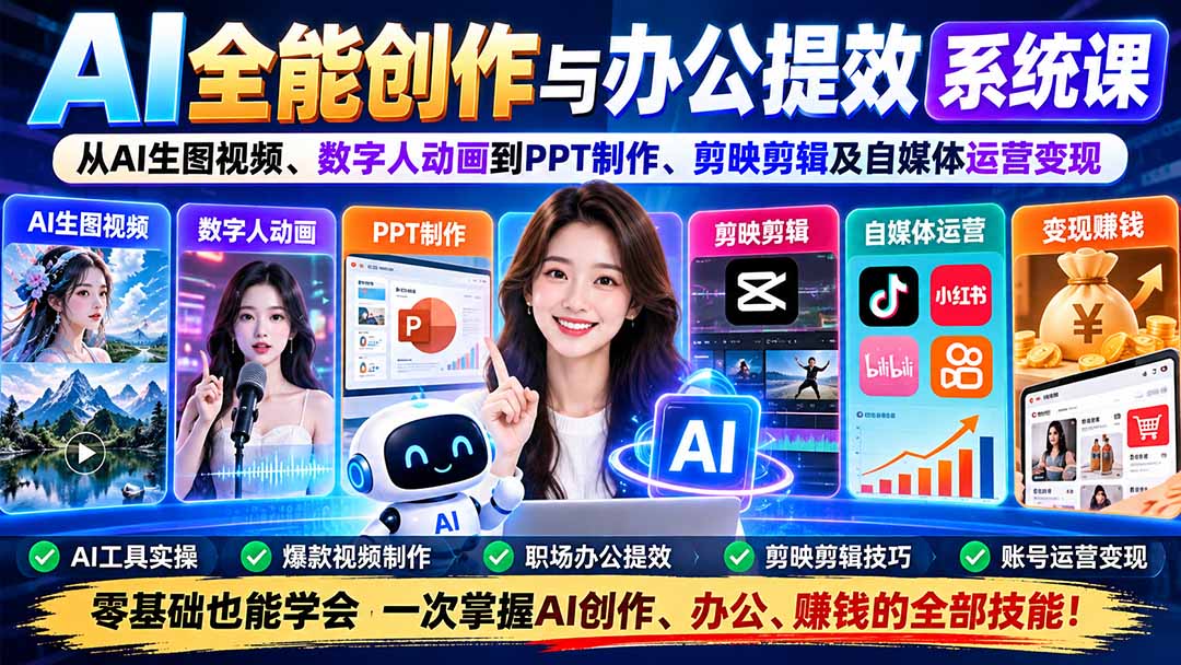 AI全能创作与办公提效系统课：从AI生图视频、数字人动画到PPT制作、剪映剪辑及自媒体运营变现-续财库