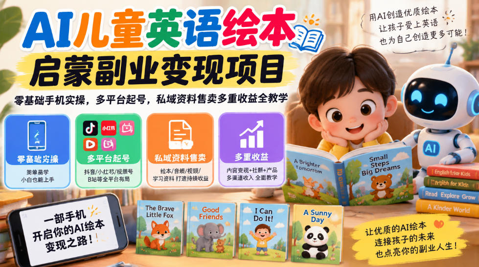 AI儿童英语绘本启蒙副业变现项目，零基础手机实操，多平台起号，私域资料售卖多重收益全教学-续财库