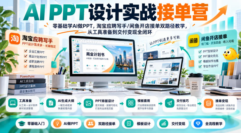 AI PPT设计实战接单营|零基础学AI做PPT,淘宝应聘写手/闲鱼开店接单双路径教学,从工具准备到交付变现全闭环-续财库