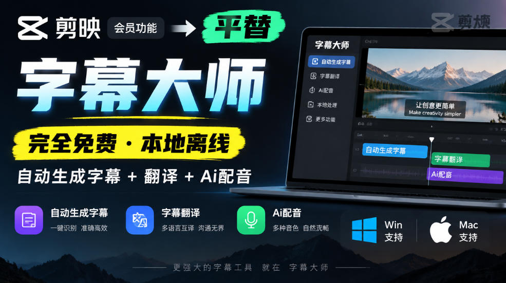 剪映会员功能平替,字幕大师完全免费本地离线,支持自动生成字幕+翻译+Ai配音,Win和Mac都支持!-续财库