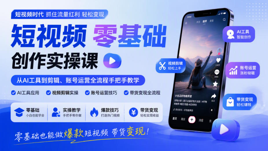 短视频零基础创作实操课，从AI工具到剪辑、账号运营全流程手把手教学，零基础也能做爆款短视频带货变现-续财库