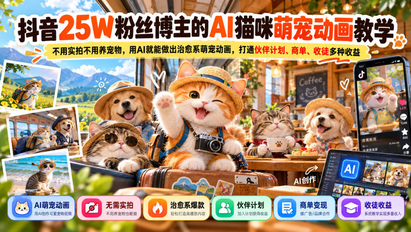 抖音25W粉丝博主的AI猫咪萌宠动画教学，不用实拍不用养宠物，用AI就能做出治愈系萌宠动画，打通伙伴计划、商单、收徒多种收益-续财库