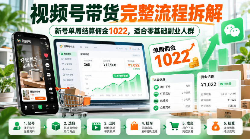 视频号带货完整流程拆解，新号单周结算佣金1022，适合零基础副业人群-续财库