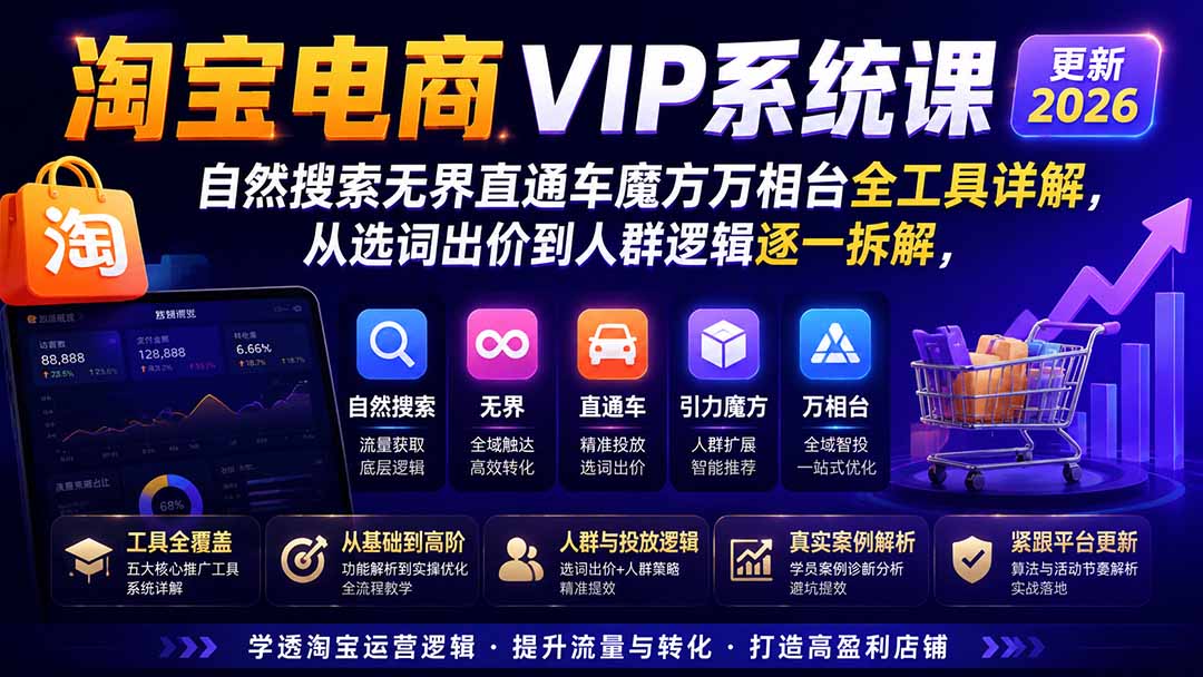 2026淘宝电商终局之战VIP课-更新1015:自然搜索+直通车+无界+精准人群,系统掌握测款动销与全店推广布局方法-续财库