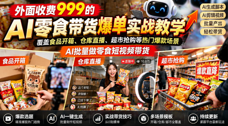外面收费999的AI零食带货爆单实战教学，覆盖食品开箱、仓库直播、超市抢购等热门爆款场景，AI批量做零食短视频带货-续财库