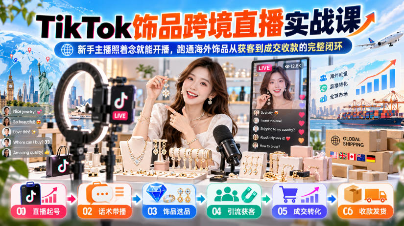 TikTok饰品跨境直播实战课,新手主播照着念就能开播,跑通海外饰品从获客到成交收款的完整闭环-续财库