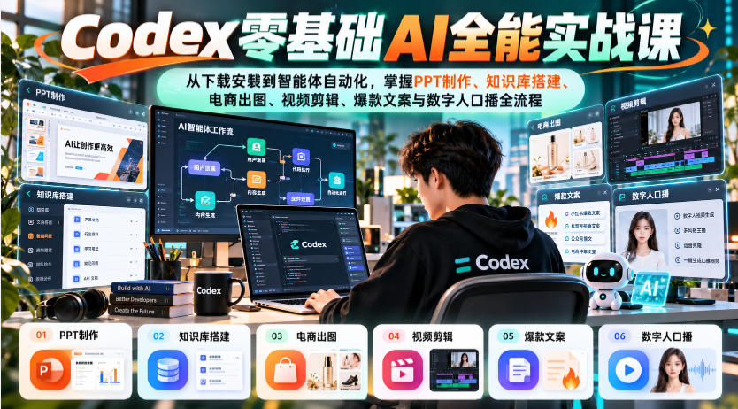 Codex零基础AI全能实战课：从下载安装到智能体自动化，掌握知识库搭建、电商出图、视频剪辑、爆款文案与数字人口播全流程-续财库
