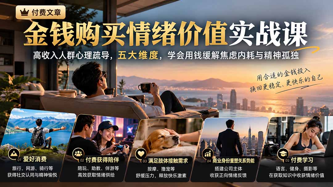 付费文章：金钱购买情绪价值实战课｜高收入人群心理疏导，五大维度，学会用钱缓解焦虑内耗与精神孤独-续财库