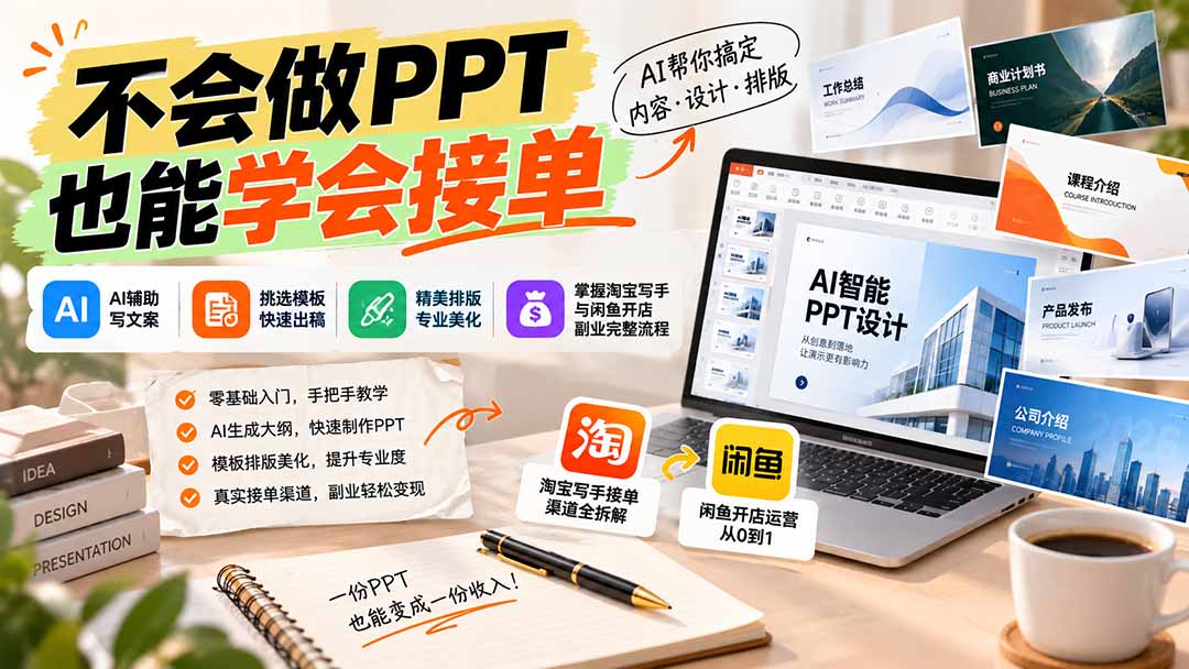 不会做PPT也能学会接单:AI辅助写文案、挑模板、做排版,掌握淘宝写手与闲鱼开店副业完整流程-续财库