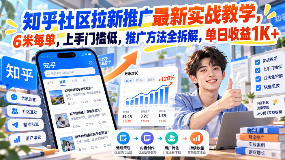 知乎社区拉新推广最新实战教学，6米每单，上手门槛低，推广方法全拆解，单日收益1K+！(更新1010)-续财库