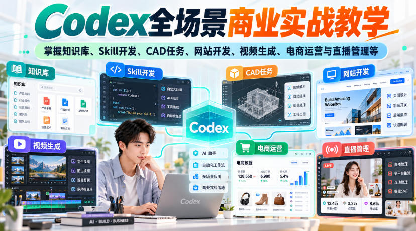 Codex全场景商业实战教学，掌握知识库、Skill开发、CAD任务、网站开发、视频生成、电商运营与直播管理等(更新1010)-续财库