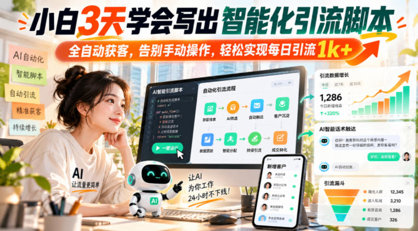 小白3天学会写出智能化引流脚本，全自动获客，告别手动操作，轻松实现每日引流1k+-续财库