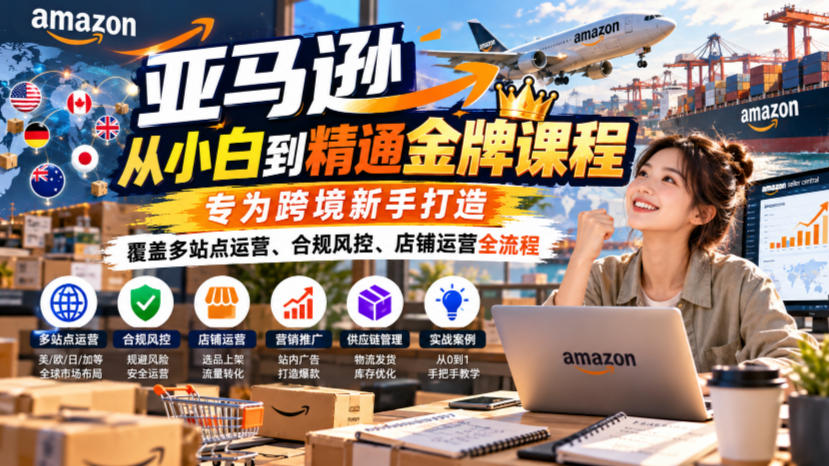 亚马逊从小白到精通金牌课程，专为跨境新手打造，覆盖多站点运营、合规风控、店铺运营全流程-续财库