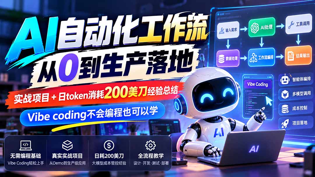 【无水印】AI自动化工作流从0到生产落地，实战项目+日token消耗200美刀经验总结，Vibe coding不会编程也可以学-续财库