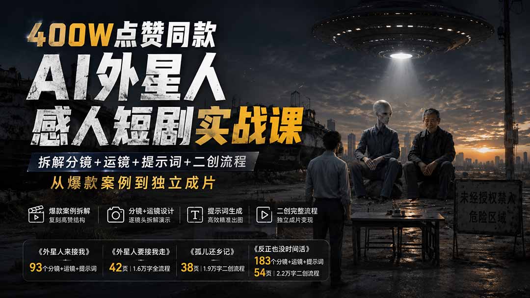 400W点赞同款AI外星人感人短剧实战课-更新1009：拆解分镜+运镜+提示词+二创流程，从爆款案例到独立成片-续财库