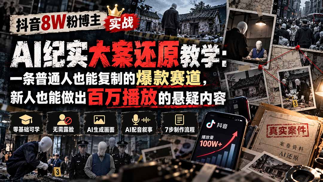 抖音8W粉博主AI纪实大案还原教学：一条普通人也能复制的爆款赛道，新人也能做出百万播放的悬疑内容-续财库
