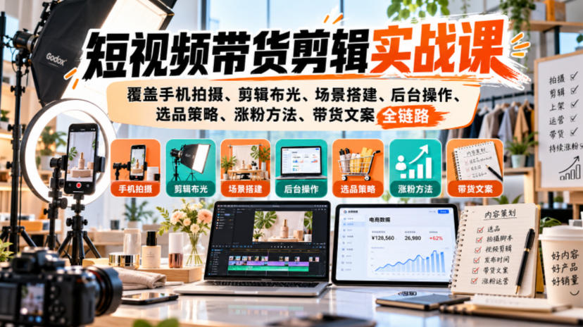 短视频带货剪辑实战课，覆盖手机拍摄、剪辑布光、场景搭建、后台操作、选品策略、涨粉方法、带货文案全链路-续财库