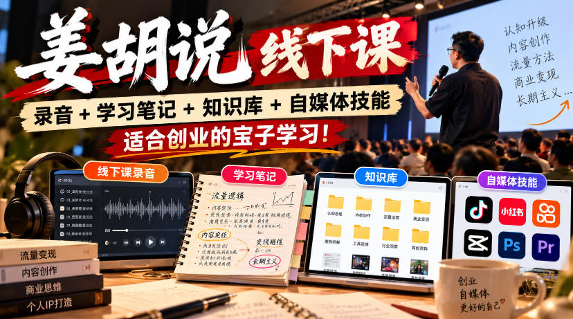 姜胡说线下课录音＋学习笔记＋知识库＋自媒体技能，​适合创业的宝子学习！-续财库