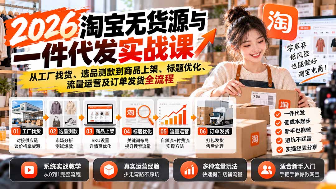 2026淘宝无货源与一件代发实战课：从工厂找货、选品测款到商品上架、标题优化、流量运营及订单发货全流程-续财库