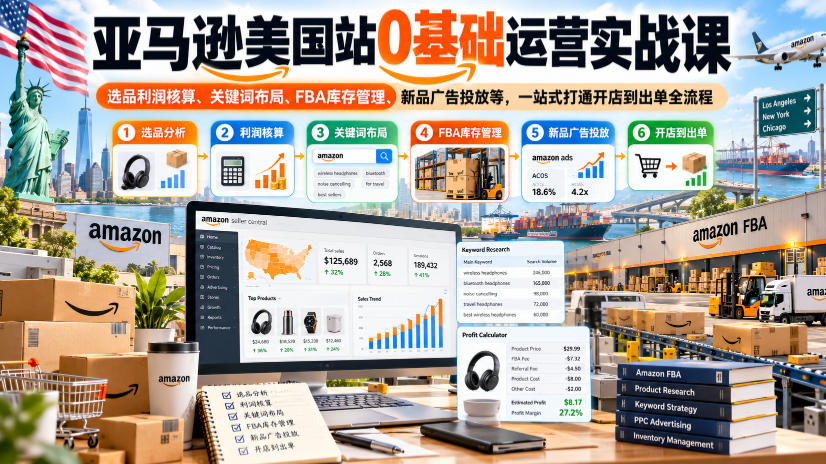 亚马逊美国站0基础运营实战课｜选品利润核算、关键词布局、FBA库存管理、新品广告投放等，一站式打通开店到出单全流程-续财库