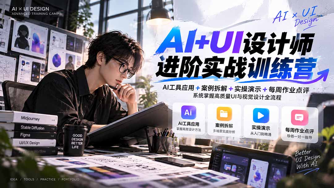 【无水印】AI+UI设计师进阶训练营-第4期：AI工具应用+案例拆解+实操演示+作业点评，掌握高质量UI与视觉设计全流程-续财库