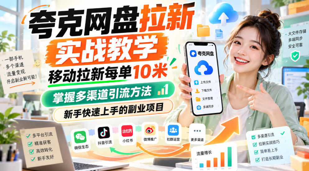夸克网盘拉新实战教学，移动拉新每单10米，掌握多渠道引流方法，新手快速上手的副业项目(更新1017)-续财库