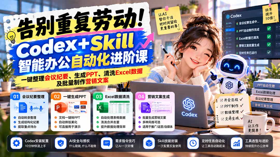 告别重复劳动!Codex+Skill智能办公自动化进阶课:一键整理会议纪要、生成PPT、清洗Excel数据及批量制作营销文案-续财库