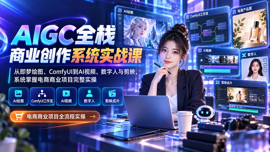 AIGC全栈商业创作系统实战课-更新1017：从即梦绘图、ComfyUI到AI视频、数字人与剪映，系统掌握电商商业项目完整实操-续财库