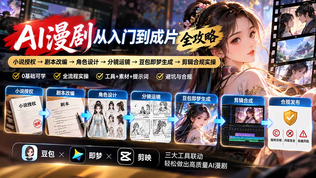 AI漫剧从入门到成片全攻略-更新1017:小说授权→剧本改编→角色设计→分镜运镜→豆包即梦生成→剪辑合规实操-续财库