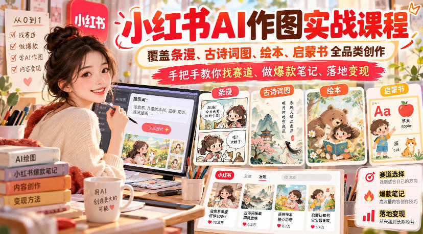 小红书AI作图实战课程,覆盖条漫、古诗词图、绘本、启蒙书全品类创作,手把手教你找赛道、做爆款笔记、落地变现(更新1017)-续财库