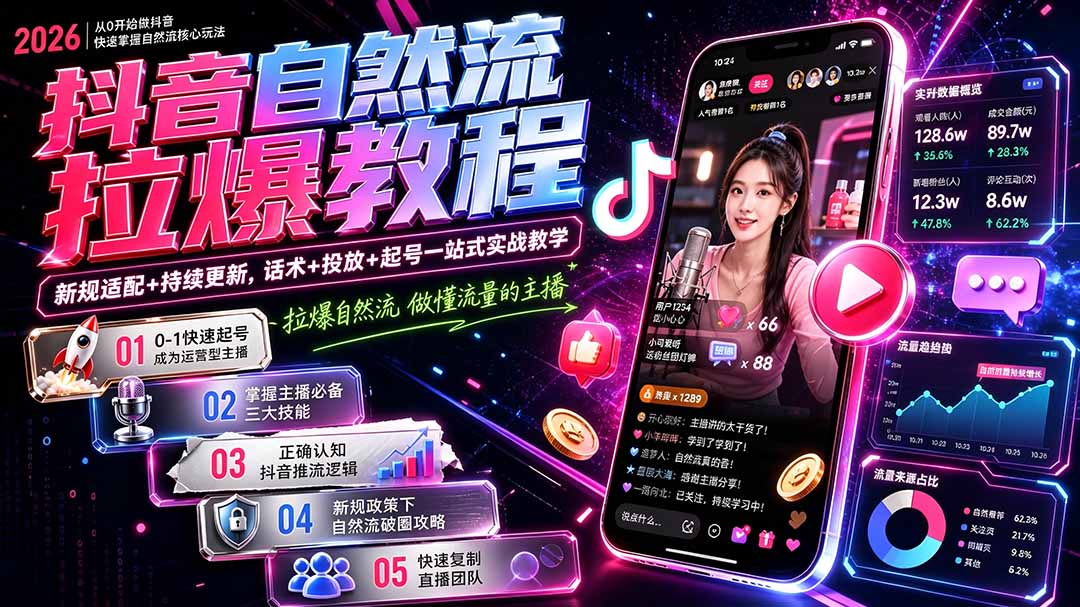 抖音自然流拉爆教程-更新1017:做懂流量的主播,新规适配+持续更新,话术+投放+起号一站式实战教学-续财库
